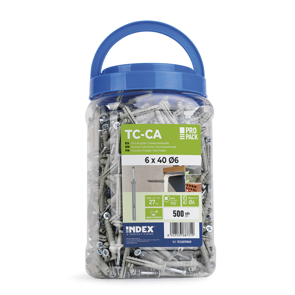 Cheville prémontée à frapper (polyamide 6.6),avec clou annelé. Seau plastique