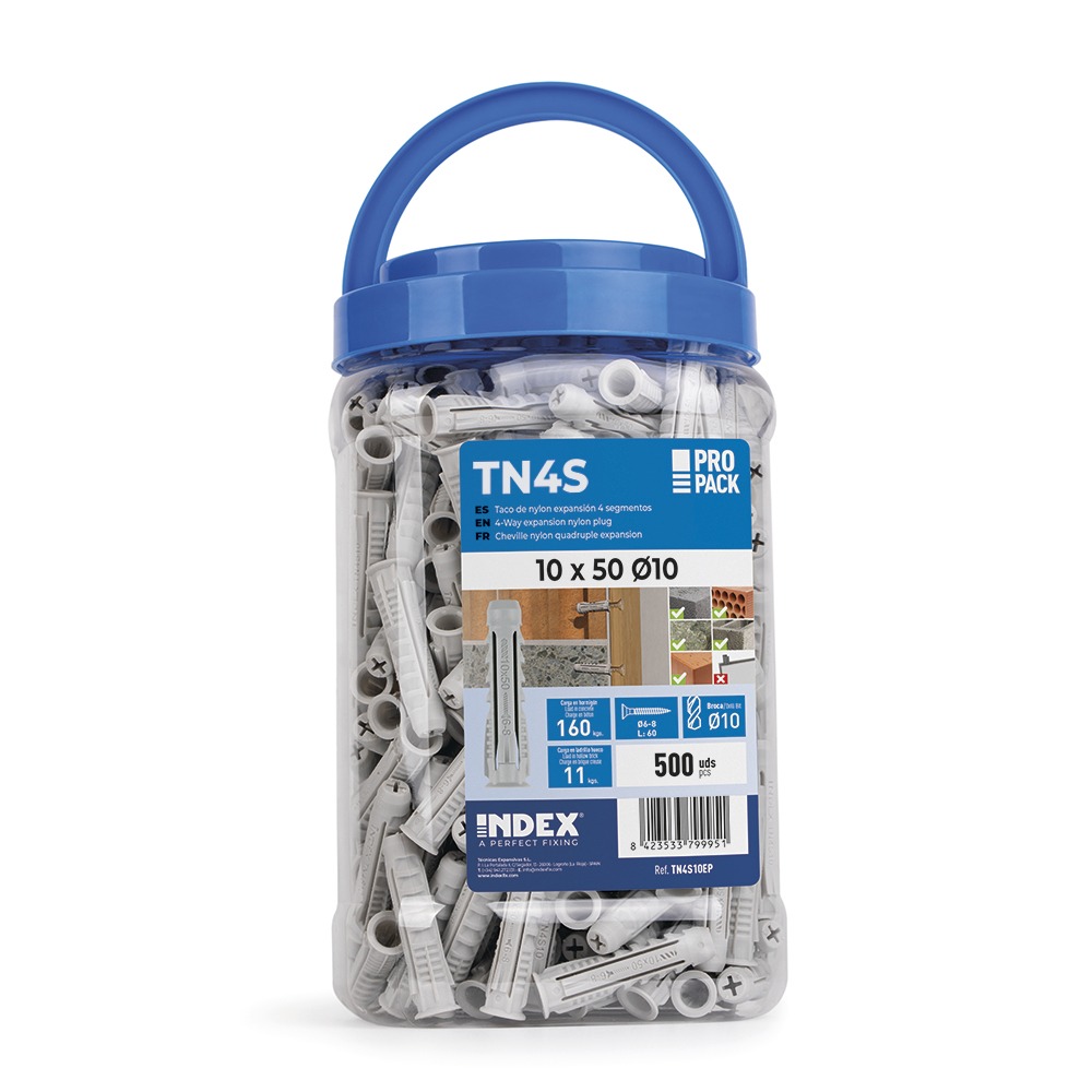 Cheville nylon quadruple expansion pour tout type de materiaux. Seau plastique