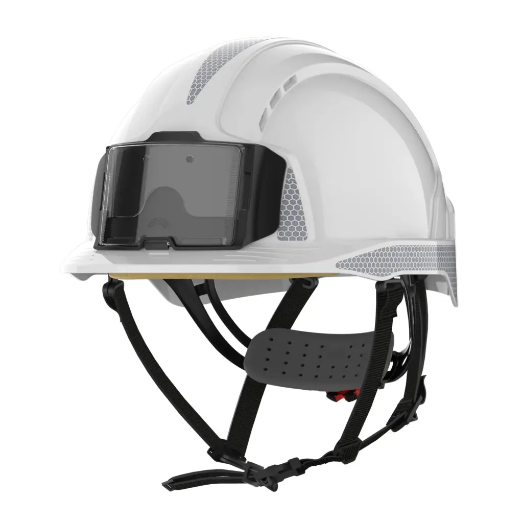 Casque Evolite porte badge blanc jugulaire et réflectif CR2 Haute visibilité