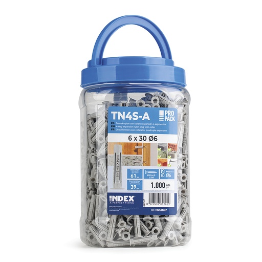 [TN4SA06EP] Cheville nylon quadruple expansion pour tout type de materiaux. Cheville nylon avec collerette. Seau plastique